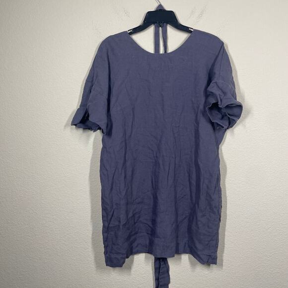 Len. Ok Size Medium Linen Mini Shift Dress Steel Blue V Neck Belted Short Sleeve - Picture 2 of 7